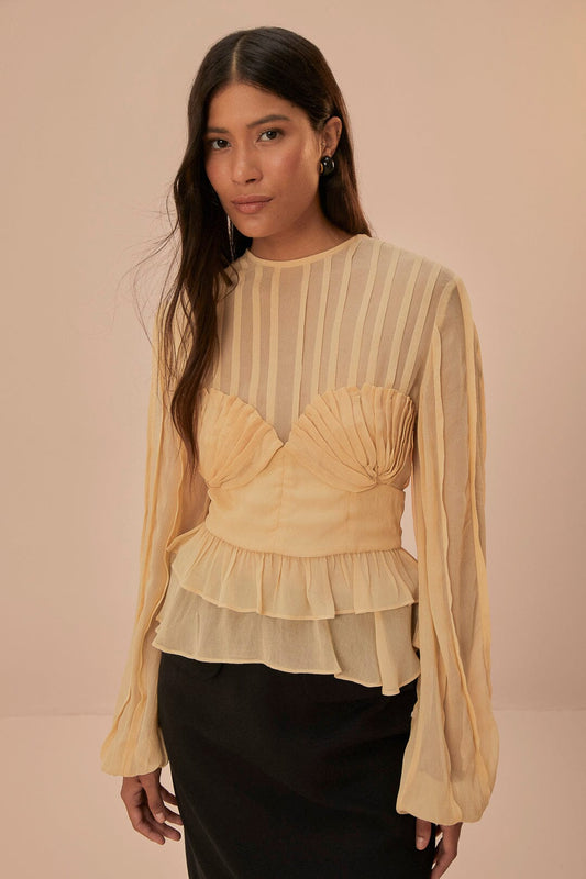 Beige Pleated Bust Blouse