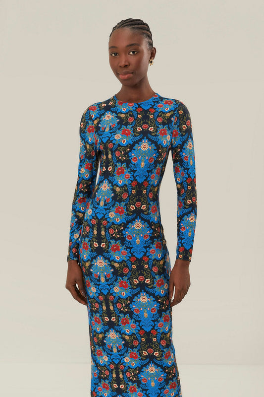 Blue Arabesque Floral Jersey Lenzing™ Ecovero™ Midi Dress