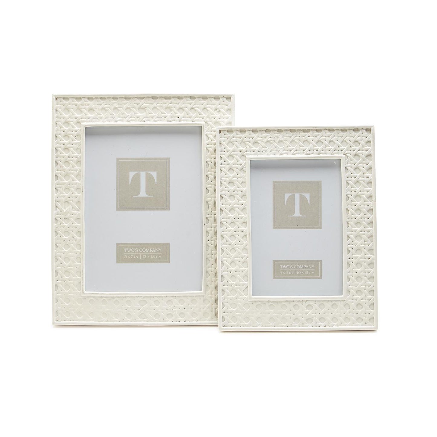 White Cane Set of 2 Photo Frame Includes 2 Sizes: 4" x 6" and 5" x 7" (stands or hangs horizontally/vertically) - Resin/Glass