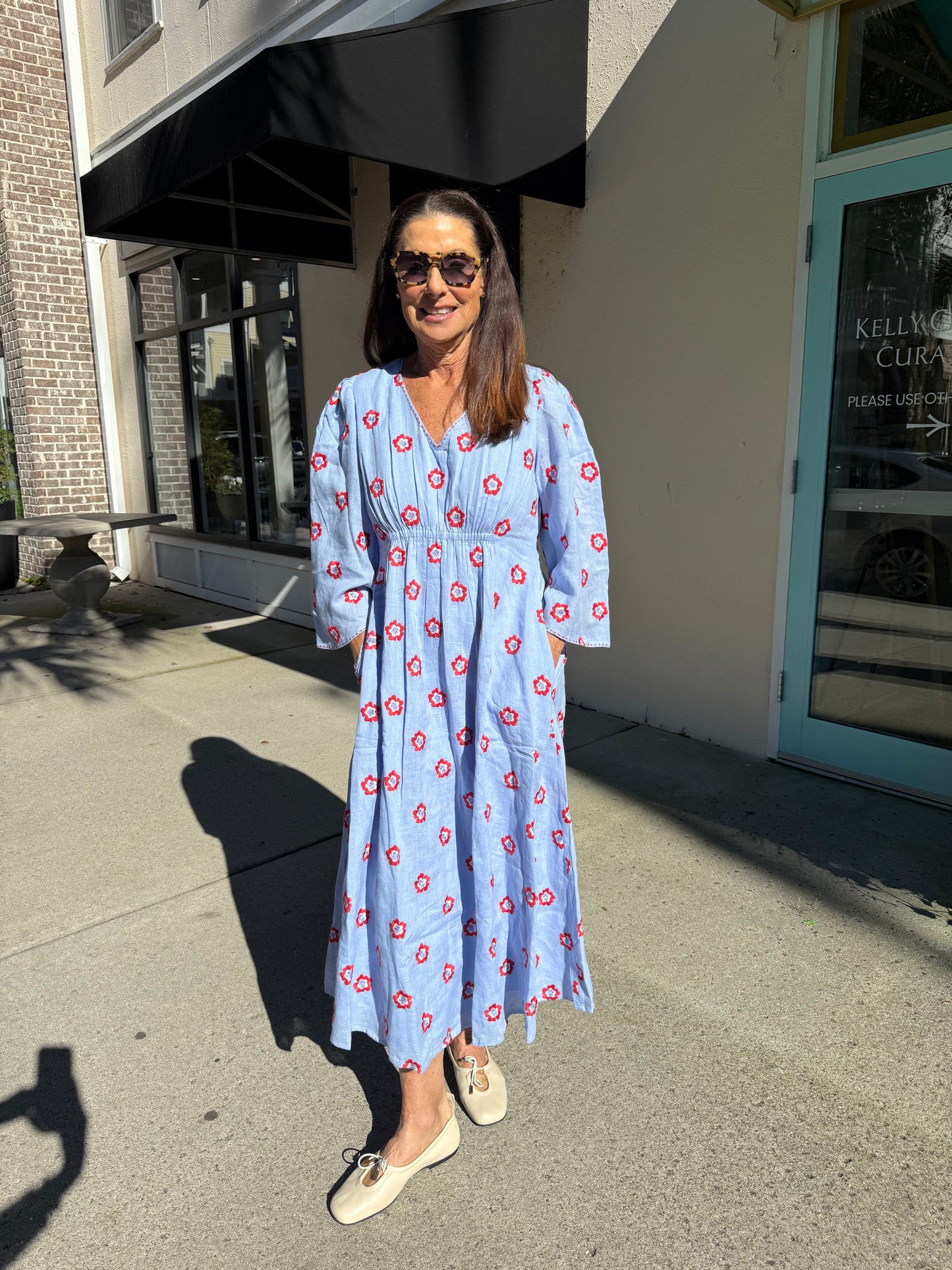 Apple Dress, Pastel Blue and Red Flowers