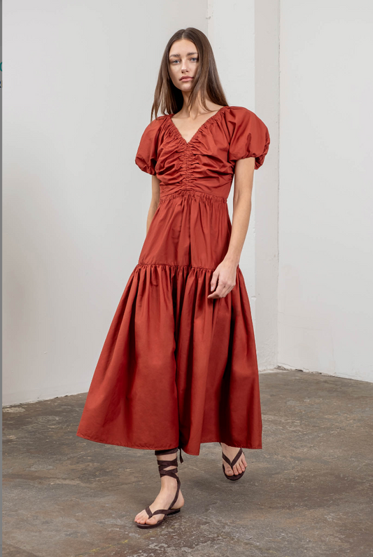 Puff sleeve tiered midi dress- Brick